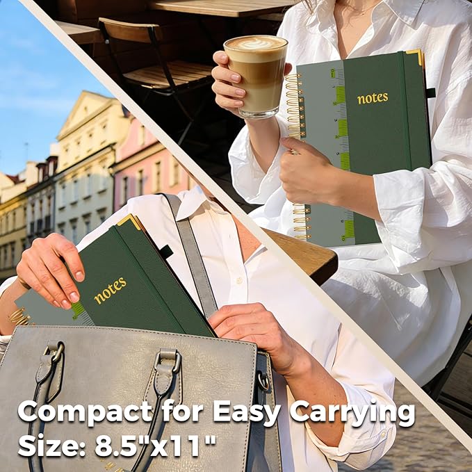 XYark A4 Hardcover Spiral Notebook, 8.5"x11" College Ruled Notebooks with Removable Dividers Tabs & Ruler, 5 Subject Notebook 300 Pages, Large Lined Journal for Women Men School Work Office, Green