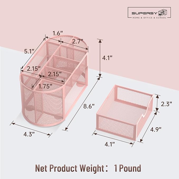 SUPEASY Mesh Desk Organizer, Desk Accessories & Workspace Organizers with Drawers, Pencil Holder for Desk with 9 Compartments for Office Suppliess, School, Classroom, 8.6 x 4.3 x 4.1 Inch, Pink
