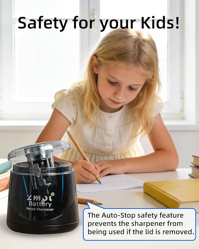 ZMOL Battery Powered Electric Pencil Sharpener,Small Battery Operated Colored Pencil Sharpeners Portable for Kids,Fast Sharpen, Suitable for No.2/Colored (6-8mm), School/Classroom/Office/Home Black