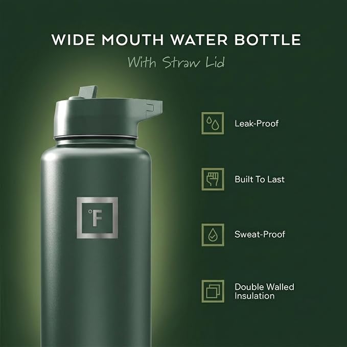 IRON °FLASK 40 oz Wide Mouth Water Bottle with Straw | Insulated Stainless Steel Sports Water Bottle with Leakproof Straw Lid - BPA Free, Cold 24 Hrs, Sweat Free (Dark Pine)
