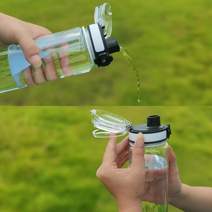 Clear Plastic Water Bottle | No Markings 32oz Chug Lid Sports Water Bottle | Leak Proof Re-Usable Flip Top Plastic Drinks Bottles for School, Office, Gym, Cycling, Exams (Clear-32oz)