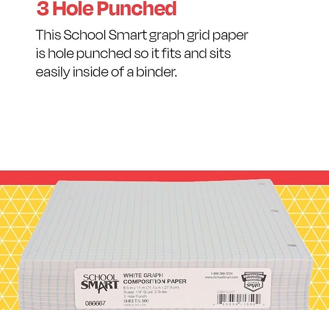 School Smart-86667 Double Sided Grid Paper, 3 Hole Punched, 8-1/2 x 11 Inches, 1/4 Inch Rule, White, Pack of 500
