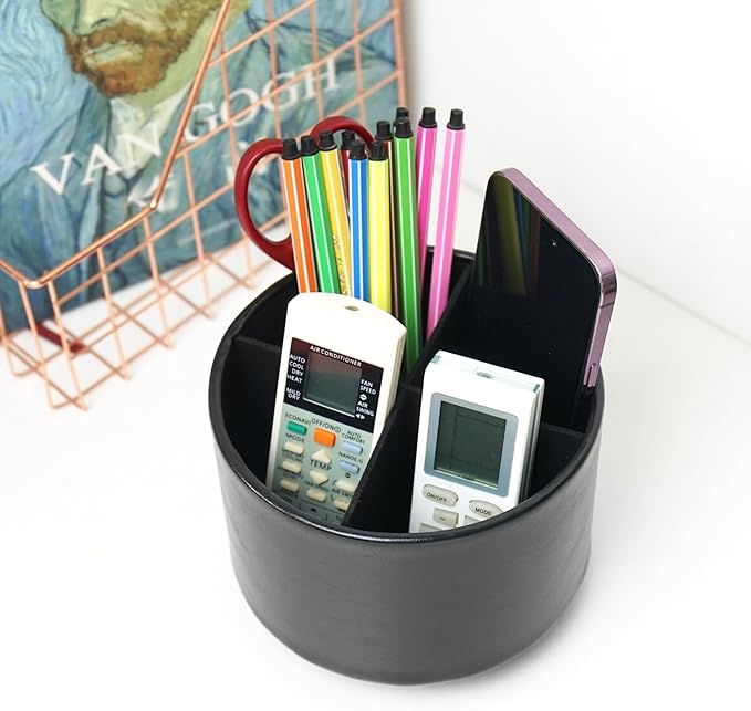Round Leather Art Supply Organizer,Remote Control Holder,360 Degree Spinning,Multi-Functional Pencil Holder,4 Compartments Desktop Stationary Organizer(1-Oil Black)