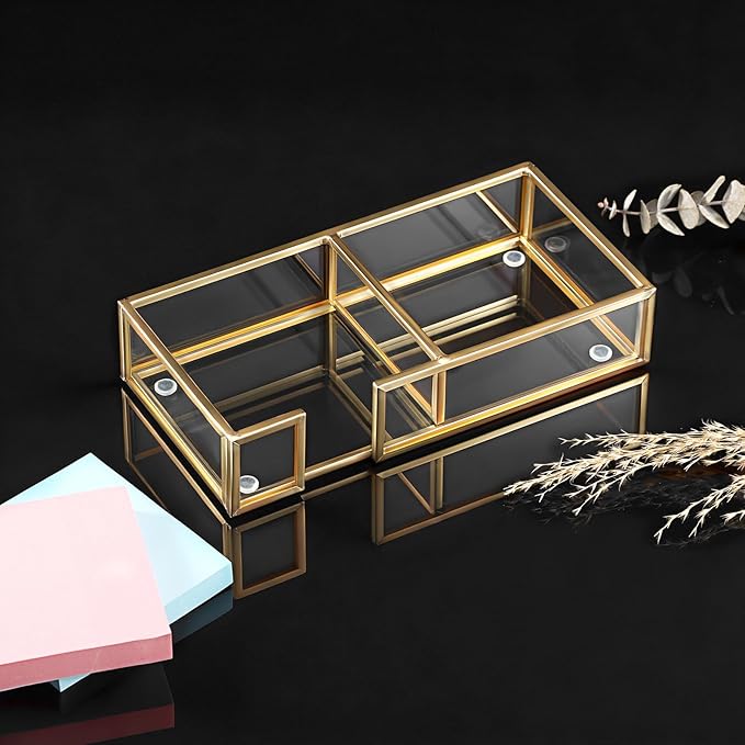 BTSKY Golden Glass 2 in 1 3x3 Inch Sticky Note Holder, Elegant Post It Note Dispenser Paper Clip Holder with Non-Slip Pads Clear Notepad Holder for Desk Organization Planning, Home Office Decor