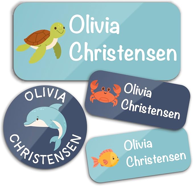 Personalized Waterproof Name Labels for Kids | Optional Packs 50, 150, 230 Labels | Custom Name Stickers for Kids' Clothing Tag, Water Bottle, Customize Kid Name Label for Daycare Aqua Animals