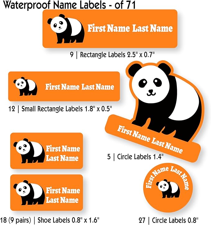 Personalized Kids Name Labels – Waterproof Custom Stickers for Daycare & School, Dishwasher & Laundry Safe (Panda - Orange)