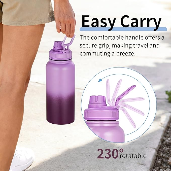 Gulex Motivational Water Bottle 32oz with Time Marker- Leakproof & BPA Free Sports Water Bottle with Straw & Carry Strap for Gym, Travel and Outdoor Sports (Stainless steel insulation-Purple)