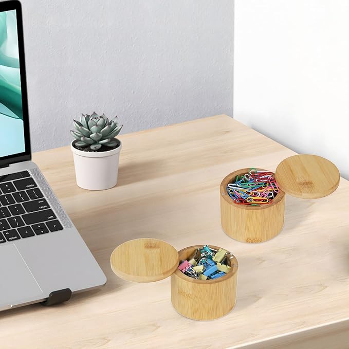 MultiBey 2 Pack Bamboo Paper Clip Holder with Swivel Lid – Natural Wood Desk Organizer for Paper Clips, Binder Clips | Wooden Paper Clip Dispenser Organizer Holder for Desk Office Supply Storage
