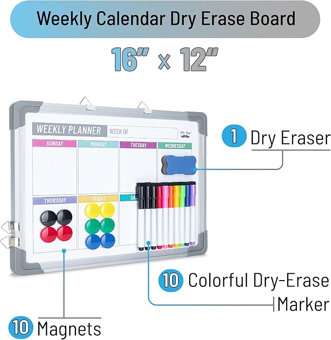 Mr. Pen- Magnetic Weekly Erase Board, 12" x 16", Double-Sided with Markers, 10 Magnets and Eraser