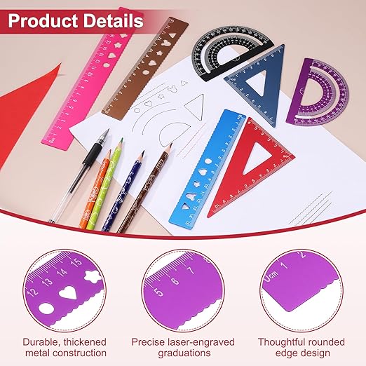 PATIKIL 8 Pcs Geometry Drafting Tool, Aluminum Alloy Geometry Kit Math Tool Includes 20cm L Ruler Protractor Triangles for Drafting Angle Measure Simple Science Experiment, Purple