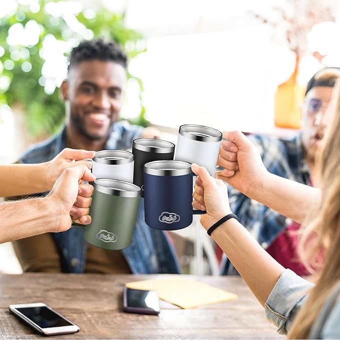 12oz Insulated Coffee Mug with Handle, Stainless Steel Wide Mouth Travel Tumblers with Lid, Double Wall Vacuum Coffee Cup for Camping, Office, Black 4 Pack