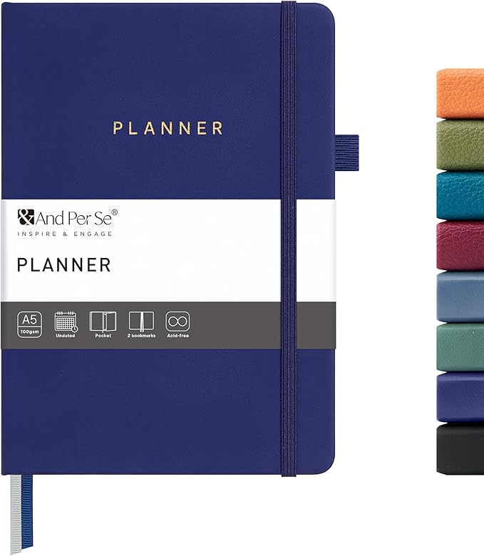 And Per Se Undated Planner, Weekly & Monthly Planner with Goal & Habit Tracker, A5 Leather Hardcover Productivity Journal for Academic Year (Royal Blue)