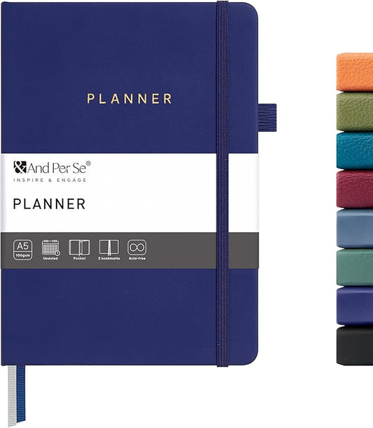 And Per Se Undated Planner, Weekly & Monthly Planner with Goal & Habit Tracker, A5 Leather Hardcover Productivity Journal for Academic Year (Royal Blue)