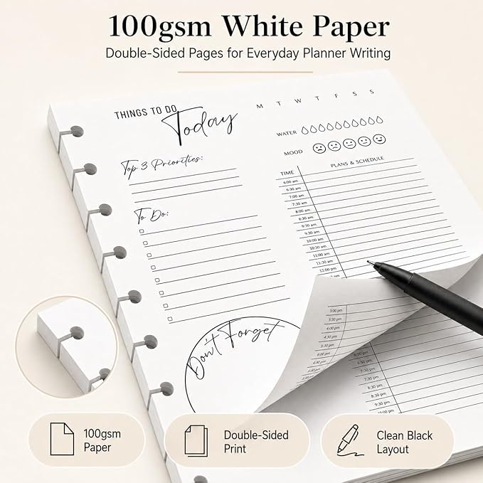 Classic 9-Disc Daily Planner Inserts, Discbound Undated Planner Refill Pages with To Do List, Hourly Schedule & Reminders, 100 Double-Sided Sheets, 100gsm White Paper, 7 x 9.25 in