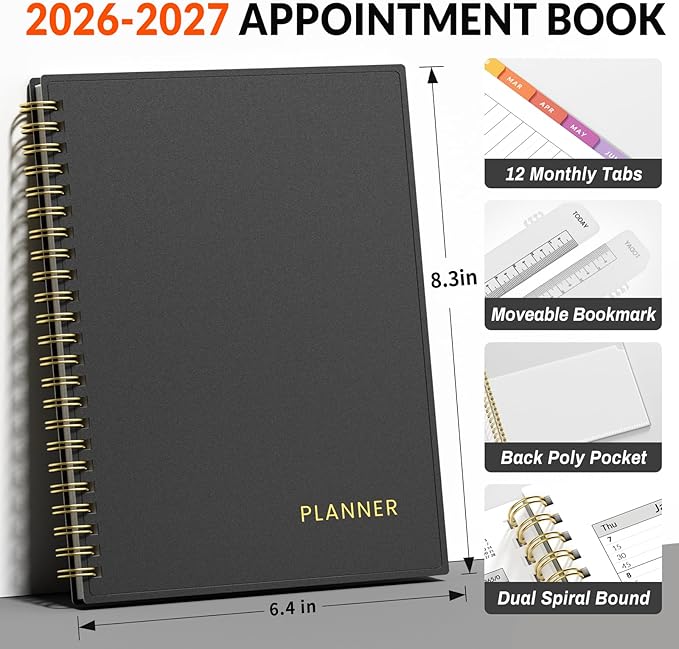 SUNEE 2026-2027 Appointment Book, Quarter-Hourly, Weekly & Monthly - from July 2026 to June 2027, 8.5"x11" Academic Planner, Flexible Cover, Note Pages, Bookmark, Spiral Binding, Black