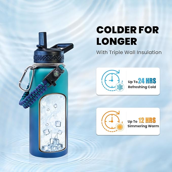 RAYMYLO Insulated Water Bottle 32 oz, Triple Wall Vacuum Stainless Steel (Cold for 24Hrs, Hot for 12Hrs), Leak Proof & Non-BPA, Modern Water Flask Jug with Paracord Handle & Straw Spout Lids