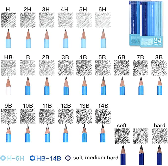 YYMIYU 24 Drawing Pencils Set, Art Sketching Pencils Charcoal Set 14B,12B,11B,10B,9B,8B,7B,6B,5B,4B,3B,2B,B,HB,H,2H,3H,4H,5H,6H,& Soft Neutral Hard Charcoal Pencils