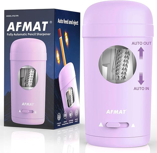 AFMAT Electric Pencil Sharpener, Fully Automatic Pencil Sharpener for 7-8mm Pencils & Colored Pencil, Auto in & Out, Rechargeable Vertical Hands-Free Sharpeners for Classroom/Home/Office PSX7(Purple)