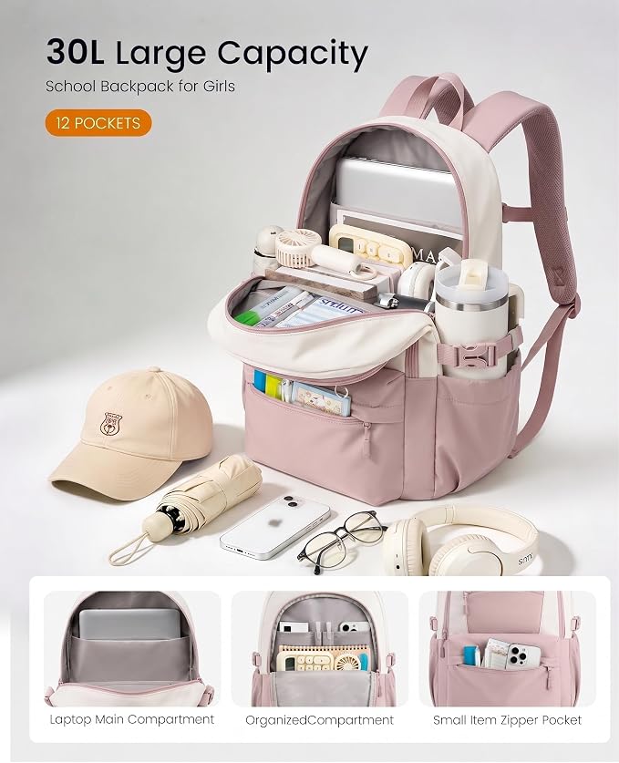 LOVEVOOK School Backpack for Teen Girls & Women, 35L Large Laptop Backpack with 40oz Water Bottle Pocket, Waterproof Cute College Bookbag, Student Backpack for Middle High School Travel Work Pink