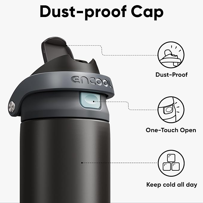 ENCOOL Leakproof Insulated Water Bottle with Straw Dual-Sip Water Bottle Bag-Safe Design for Work, Commute & Gym – Keeps Drinks Cold All Day, 24 oz, Charcoal Gray