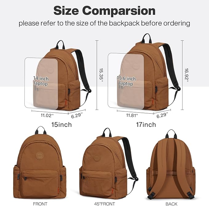 mixi 15 Inch Casual Travel Daypack, Lightweight Laptop Backpack, Brown | Ultra Light Backpack, Fits 14in Laptop, Water/Oil/Stain Resistant, Anti-Theft Pocket&Luggage Strap for College Work Hiking