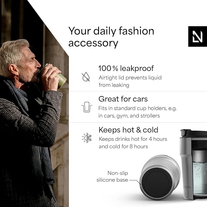 LARS NYSØM Thermo Coffee Mug to go 13oz | Travel Mug 0.38 Liter with Insulation | Silicone grip base | Leak Proof Stainless Steel Tumbler for Coffee and Tea on the Go (Powder Steel, 13oz)