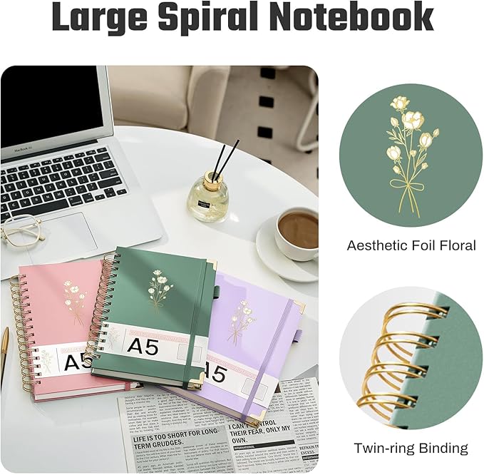 Hardcover Spiral Notebooks 6.1" X 8.4" Note Taking 5 Subject Notebook College Ruled with Dividers 240 Pages 100GSM Aesthetic Spiral Notebook for Work School Cute Journals for Women Writing, Green