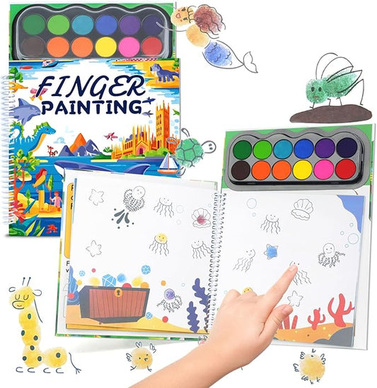 Finger Paint Coloring Book for Kids, Hardcover Travel Finger Paint Kit Include 12 Colors Ink Pad Finger Painting Activity Book, Portable Sensory Activity Develops Creativity, Travel Busy Book for Kids -Ocean World