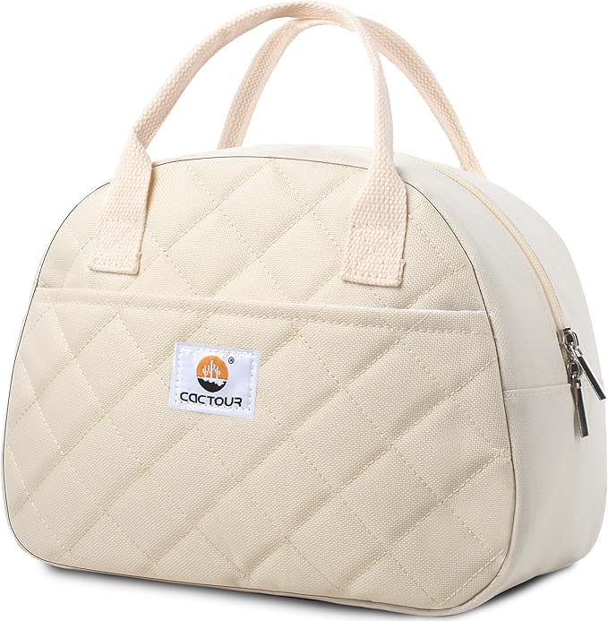 CaCTOUR Lunch Bag Women,Insulated Quilted Lunch Bag, Small Portable Cute Lunch Box,Cooler Bag Reusable Lunch Tote for Work/Travel/Picnic (Beige)