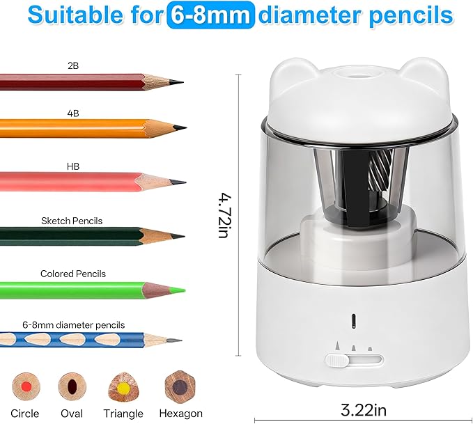 Electric Pencil Sharpener, Auto Stop Fast Sharpen in 3s, Battery Powered Pencil Sharpeners for No.2 & 6-8mm Colored Pencils, Cute Rechargeable Pencil Sharpener for Classroom/Office/Home (White)