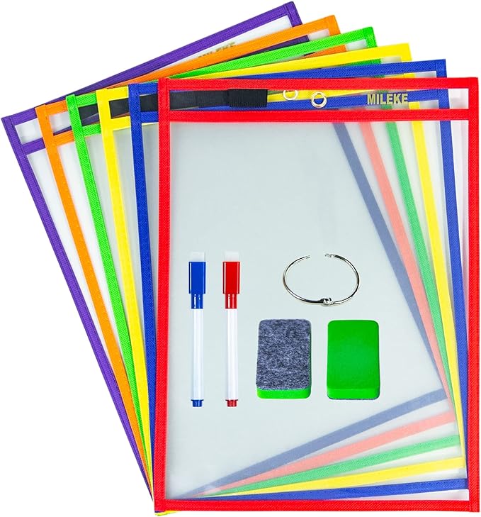 MILEKE Heavy Duty Dry Erase Pockets, Rewritable Dry Erase Sleeves for School and Work, Clear workSheet Protectors, 10" x 13.5" Plastic Ticket Holders, 6 Colors Assorted, Pack of 6
