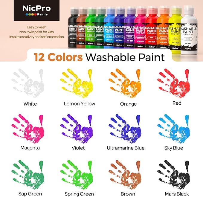 Nicpro 12 Colors Washable Finger Paint Set for Toddlers (2 oz), Non Toxic & Baby Safe Kids Paint with Paint Cups & Toddler Paintbrushes, Mess Free Art Supplies for Children Age 3 4 5 6+, Preschool Learning & Classroom Gifts