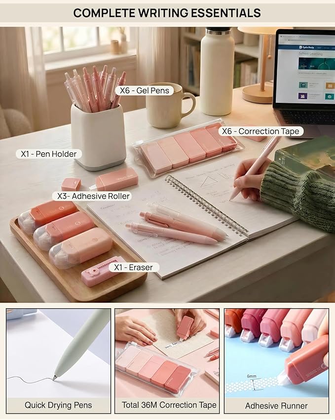 41Pcs Aesthetic Pink Office Supplies Set, All-in-One 5 Compartments Desk Organizer Kit with Large Capacity Pen Pouch, A5 Notebook for Women & Journaling (beige)