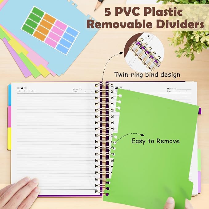 QIYVLOS Hardcover Spiral Notebook, B5 Journal with Removable Dividers Tabs, 5 Subject Notebook College Ruled, 320 Pages 8"x10" Leather Notebooks for Work School Study, Lined Journal for Women, Purple