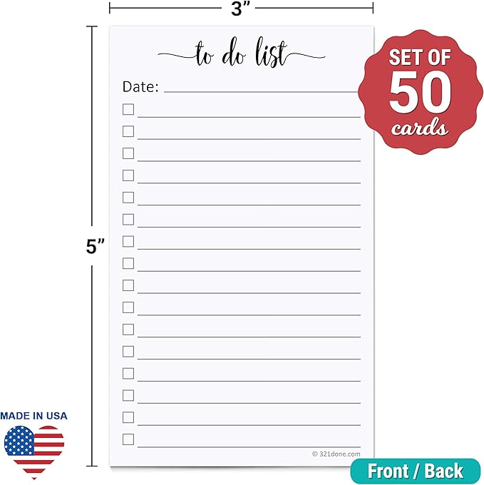 321Done To-Do List Cards, 3x5 Index Cards with Checkboxes, Double-Sided Checklist Note Card, Pack of 50, Daily Task List, Narrow-Ruled, Made in USA