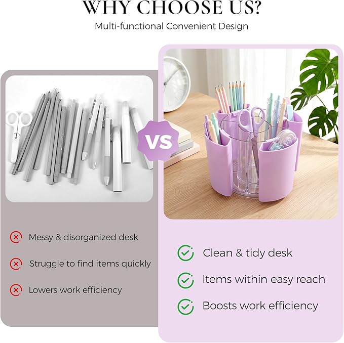 KONVINIT Purple Pen Holder for Desk, 5 Slots 360° Rotating Pen Organizer, Cute Desk Organizers and Accessories for School, Home, Office and Art Supply