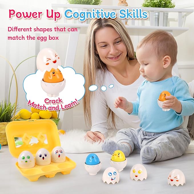 USATDD Easter Egg Toys Hide & Squeak Matching Eggs for Toddlers, Color Recognition Sensory Learning Toys, Fine Motor Skills Montessori Geometric Eggs Gifts for Kids Easter Basket Stuffers