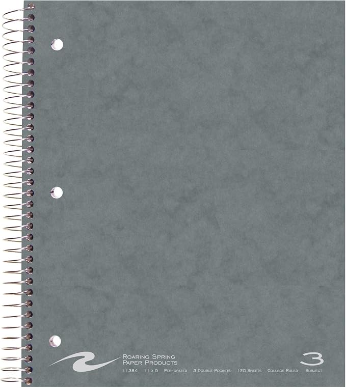 ROARING SPRING 3 Subject Spiral Notebook, 11" x 9", College Ruled, 120 Perforated Sheets, Assorted Eco Press Covers, 3 Double Storage Pockets, Made in USA