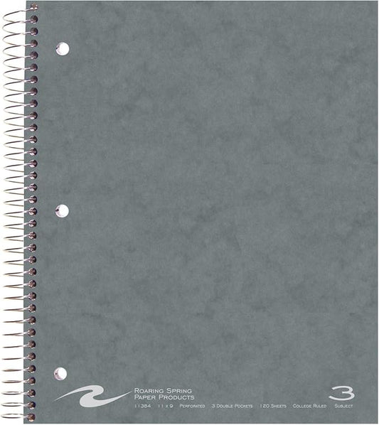 ROARING SPRING 3 Subject Spiral Notebook, 11" x 9", College Ruled, 120 Perforated Sheets, Assorted Eco Press Covers, 3 Double Storage Pockets, Made in USA