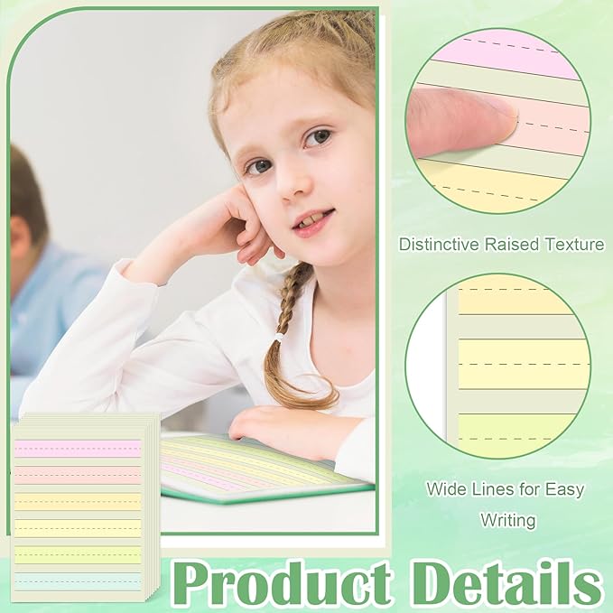 Handwriting Paper Kindergarten Wide Ruled 1-1/8” Raised Lined Paper Primary Writing Pad 8.5 x 11 Inch Colored Spacing Papers Tactile for Kids Multi-Sensory Ruled Handwriting Tablet(100)