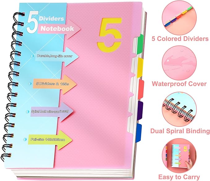 CAGIE 3 Pack 5 Subject Notebook with Dividers 220 Pages Spiral Notebooks with Tabs 5x7 A5 Spiral Bound Journal for Note Taking, Work School Supplies, Black, Pink, Blue