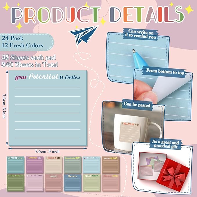 Yinder 12 Pcs Inspirational Sticky Notes Cute Motivational Sticky Notes Pad End of Year Employee Appreciation Gifts Bulk for Teacher Nurse Coworkers Office Supplies 3 x 3''(Appreciation,Neutral Color)