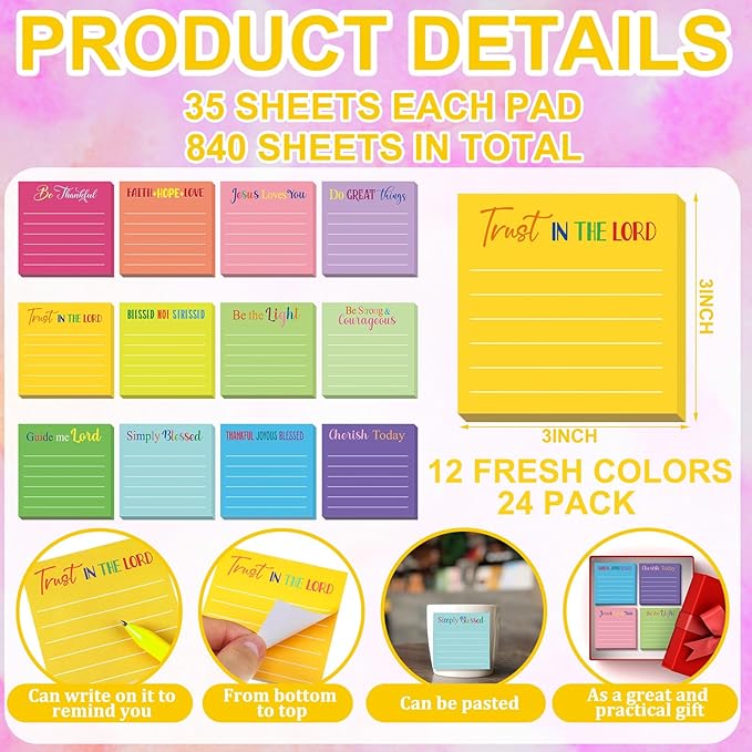 Yinder 24 Pcs Inspirational Sticky Notes Cute Motivational Sticky Notes Pad End of Year Employee Appreciation Gifts Bulk for Teacher Nurse Coworkers Office Supplies 3 x 3'' (Bible,Dark Color)