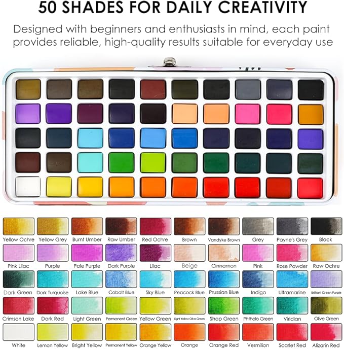 Grabie 50 Colors Watercolor Paint Set, Detail Paint Brush Included, Watercolor Paints, Painting Sets, Art Supplies for Painting, Travel Watercolor Set, Amateur Hobbyists