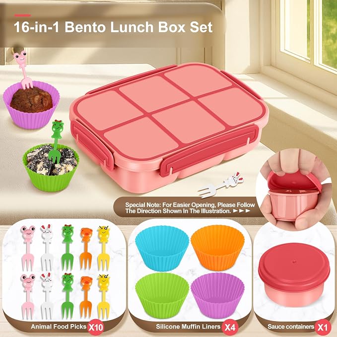 Amathley Lunch Box Kids Girls Boys,Bento Box Adult,Toddler Lunch Containers for School,Leakproof Snack Containers with 6 Compartments,Sauce Container,10 Food Picks and 4 Muffin Cups (Pink)