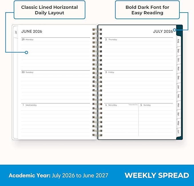 Blue Sky 2026-2027 Weekly and Monthly Academic Year Planner Calendar, July 2026 - June 2027, 5.875" x 8.625", Flexible Cover, Wirebound, Laminated Tabs, Includes Extra 30 Sheets of Notes, Greta
