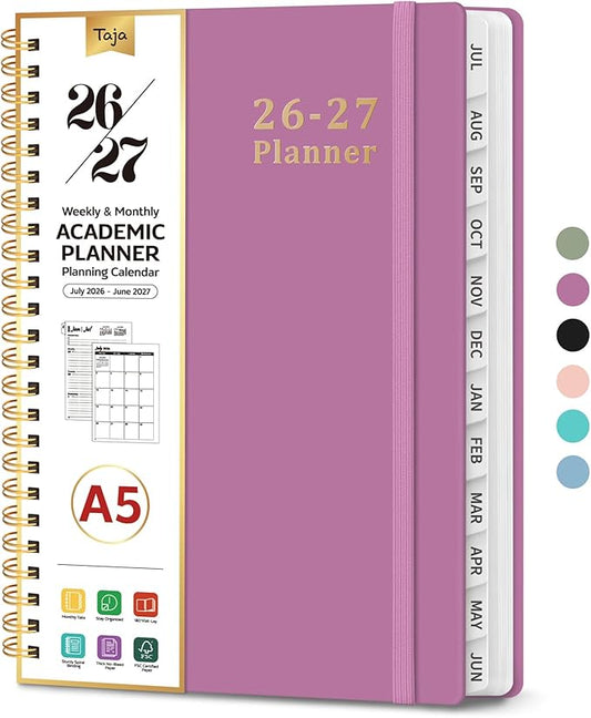 Planner 2026-2027, 6.3" x 8.5" Weekly and Monthly Academic Year Planner Calendar, July 2026 - June 2027, Hardcover Large School Planning Agenda With Tabs, Perfect for School & Office Supplies, A5, Purple