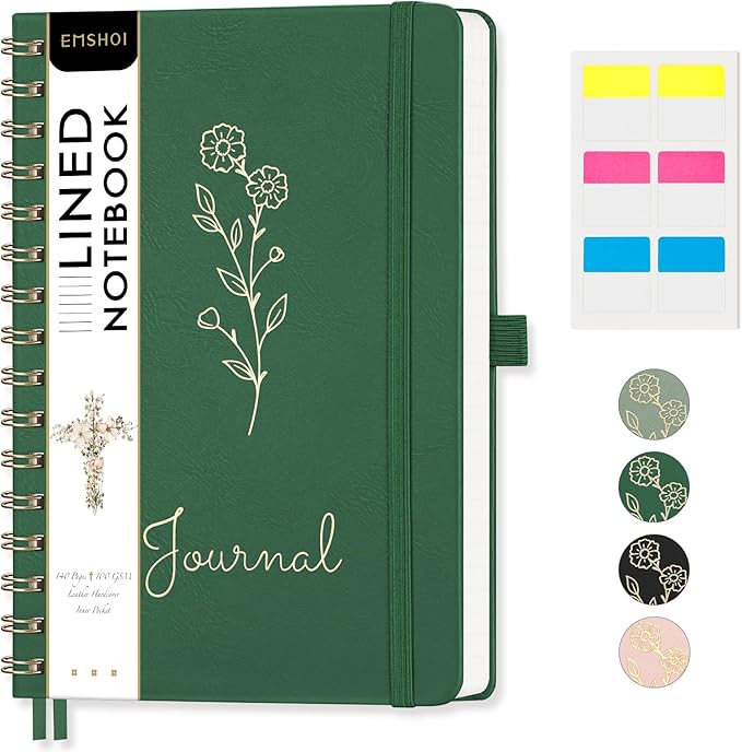 EMSHOI A5 College Ruled Spiral Notebook, 140 Numbered Pages, 100GSM Ink-Proof Faux Leather Hardcover Lay-Flat Lined Journal for Work Office School Writing, Small 5.7"x8.22", Dark Green
