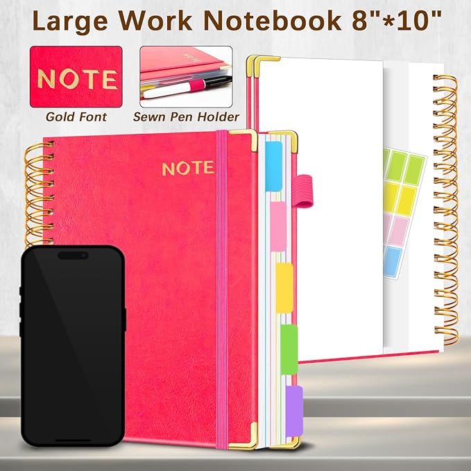 Hardcover Spiral Notebooks for Work 8''x 10'', 300 Pages 5 Subject Notebook with Dividers & Tabs, B5 Spiral Journal for Women, College Ruled Notebooks for School Note-Taking (Rose Red)