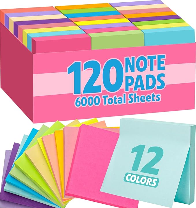 120 Pads Sticky Notes 3x3, Bright Colors Self-Stick Pads Bulk, Super Sticky Notes, School Supplies, Office Products, 50 Sheet/Pad